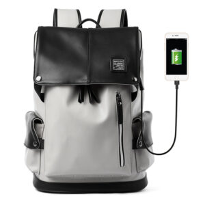 High Quality Hot Selling Fashion Travelling Waterproof USB por PU Leather Laptop Backpack for Men Women