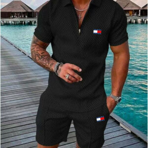 Solid Color Plaid Suit 2022 Summer Men's Tracksuit Short Sleeve Zipper